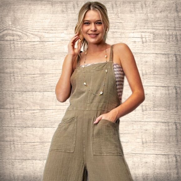 EASEL "Here I Am" Mineral Washed Wide Leg Jumpsuit Adjustable Tie Straps Pockets - Picture 13 of 16